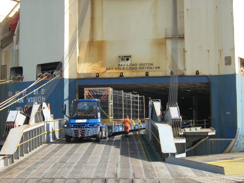 Giant carbon fibre Expo entry portals divided into sections, transported on trailer trucks from Germany to Antwerp and shipped to Jebel Ali and onto the Expo site in Dubai.