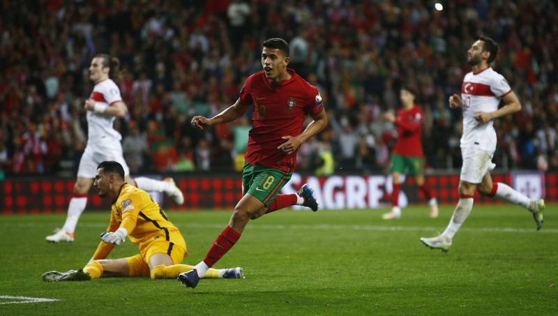Portugal's Matheus Nunes celebrates after scoring their third goal. Reuters