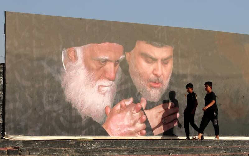 A mural of Iraqi clerics Moqtada Al Sadr and his father, Mohammed Sadiq Al Sadr, in north-east Baghdad. EPA