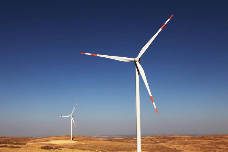 Turbines are seen at the Tafila wind farm in southern Jordan in a renewable energy project where Masdar operates the 117 WM Tafila Wind farm in Jordan. (Salah Malkawi for The National) *** Local Caption ***  SM002_Wind.jpg