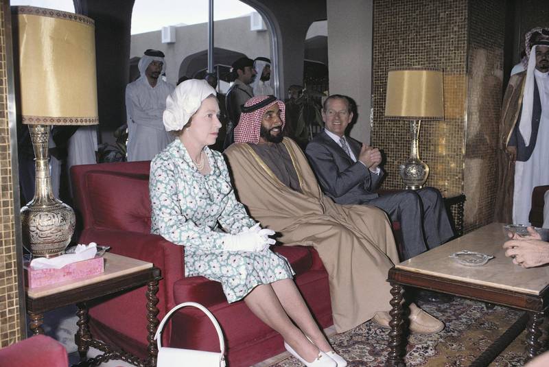 Queen Elizabeth ll, Sheikh  Zayed bin Sultan Al Nahyan (1918-2004), Prince Philip seated before lunch at the Hilton Hotel in Abu Dhabi, United Arab Emirates, as part of a tour of the Gulf States, in February 1979. (Photo by Tim Graham Photo Library via Getty Images)