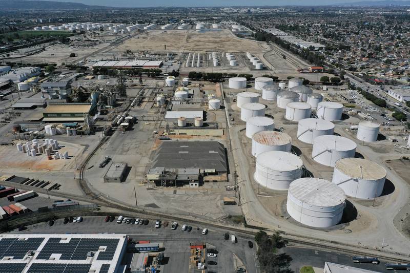 Oil storage tanks at the Kinder Morgan Watson Station in California. Oil prices have given up gains in recent weeks amid concerns for the global demand outlook. Reuters