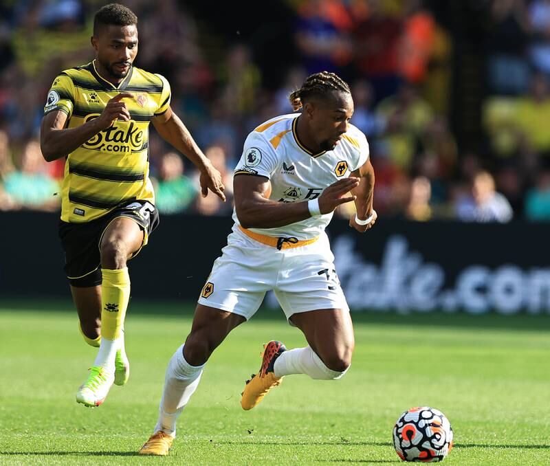 Adama Traore of Wolves runs with the ball during the Premier League match against Watford at Vicarage Road on September 11, 2021. Getty