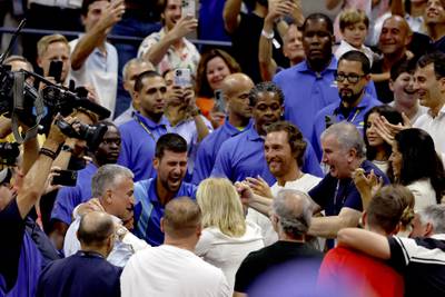 Novak Djokovic celebrates with his family and team after winning the 2023 US Open. Getty