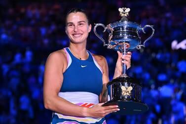 MELBOURNE, AUSTRALIA - JANUARY 28: Aryna Sabalenka poses with the Daphne Akhurst Memorial Cup after winning the Women’s Singles Final match against Elena Rybakina of Kazakhstan during day 13 of the 2023 Australian Open at Melbourne Park on January 28, 2023 in Melbourne, Australia. (Photo by Quinn Rooney / Getty Images)