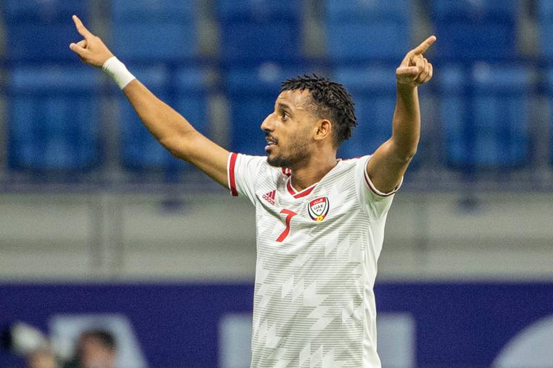 The UAE's Harib Abdullah celebrates scoring the only goal of the game against South Korea in the World Cup qualifier at Al Maktoum Stadium in Dubai, on Tuesday, March 29, 2022. AFP