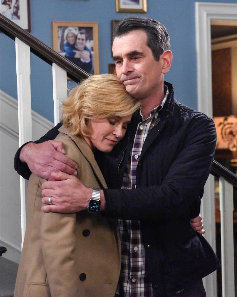 This image released by ABC shows Julie Bowen, left, and Ty Burrell in a scene from the series finale of "Modern Family. The popular comedy series ends its 11-season run with a two-hour finale on Wednesday. (Bonnie Osborne/ABC via AP)