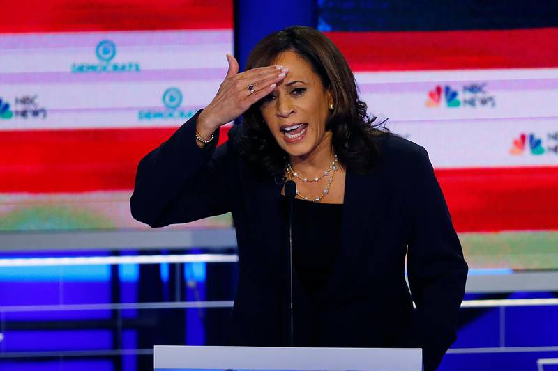 Democratic presidential candidate Sen. Kamala Harris, D-Calif., gestures during the Democratic primary debate hosted by NBC News at the Adrienne Arsht Center for the Performing Art, Thursday, June 27, 2019, in Miami. (AP Photo/Wilfredo Lee)