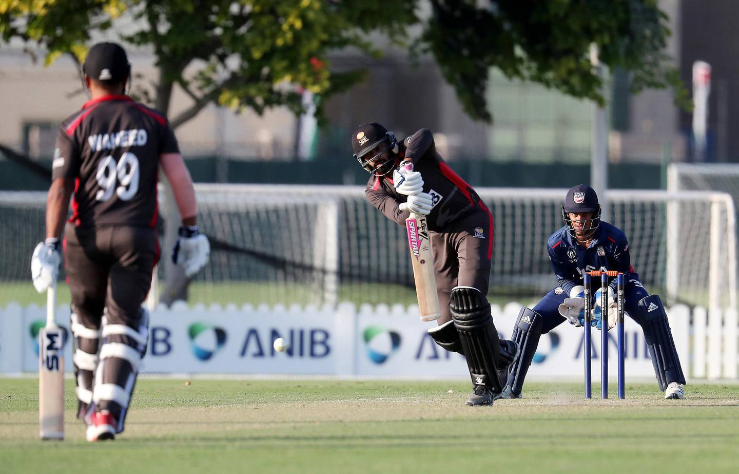 DUBAI, UNITED ARAB EMIRATES , Dec 12– 2019 :- Ahmed Raza of UAE playing a shot during the World Cup League 2 cricket match between UAE vs USA held at ICC academy in Dubai. USA won the match by 98 runs. ( Pawan Singh / The National )  For Sports. Story by Paul