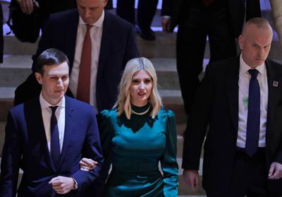 Jared Kushner and Ivanka Trump follow U.S. President Donald Trump as they leave the World Economic Forum in Davos, Switzerland, Tuesday, January 21, 2020. AP Photo/Michael Probst