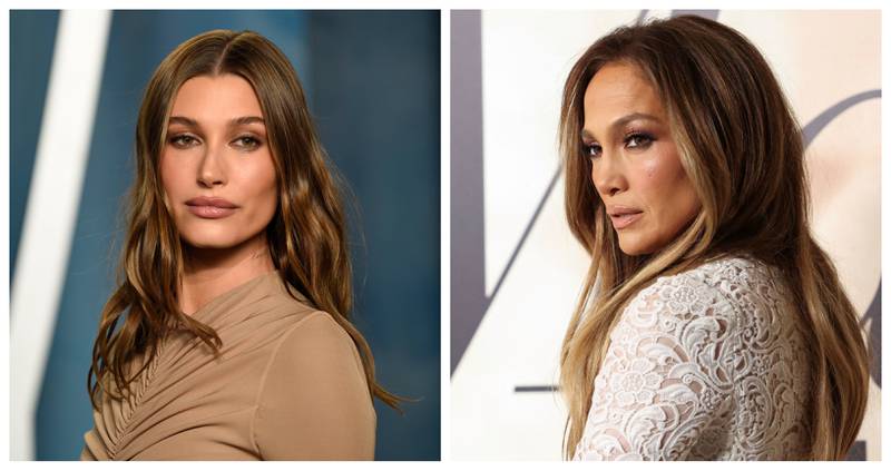 Hailey Bieber, left, and Jennifer Lopez are both fans of bronde, a hair colour that mixes brown and blonde. AP; Reuters