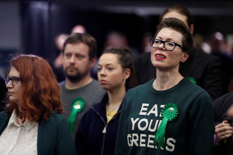 Supporters are seen as Green Party candidate Caroline Lucas is announced as the winner for the constituency of Brighton Pavilion at a counting centre for Britain's general election in Brighton, Britain.  Reuters