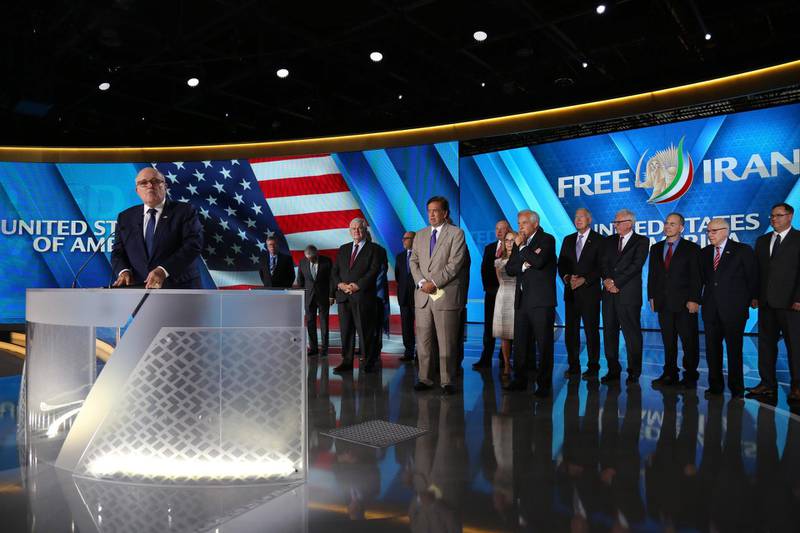 Rudy Giuliani, former mayor of New York delivers a speech during "Free Iran 2018 - the Alternative" event organized by exiled Iranian opposition group on June 30, 2018 in Villepinte, north of Paris.  / AFP / Zakaria ABDELKAFI
