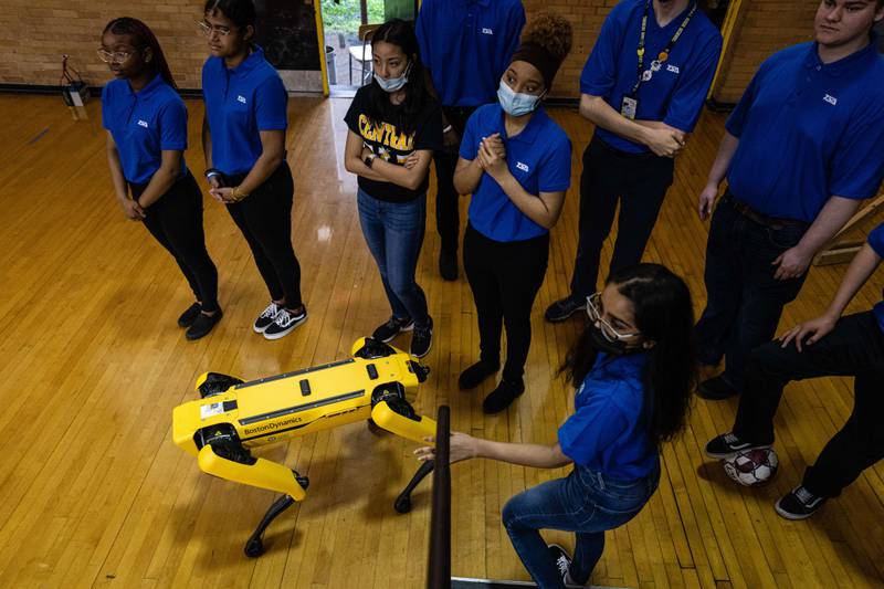 Reggie, a four-legged mechanical canine, at a demonstration with students at Central High School on April 13, in Louisville, Kentucky, US. Getty Images / AFP