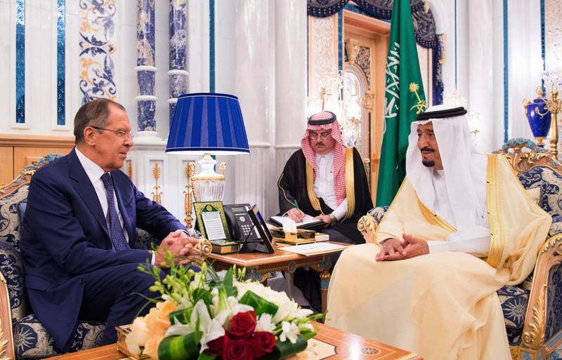 In this photo released by Saudi Press Agency, SPA, Saudi King Salman, right, receives the Russian Foreign Minister Sergey Lavrov at Al-Salam Palace in Jiddah, Saudi Arabia, Sunday Sept. 10, 2017. (Saudi Press Agency via AP)