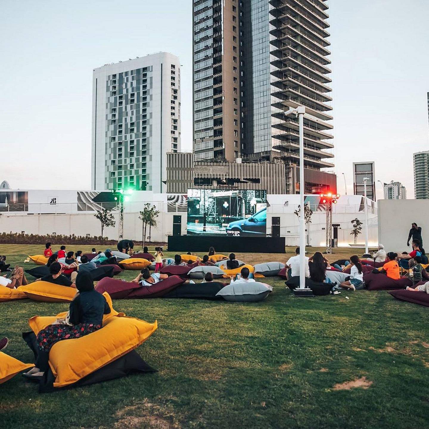 The new park on Reem Island features an open-air cinema, as well as a skatepark, food trucks, a stage for live performances and a DJ spinning the beats. Courtesy Reem Central Park