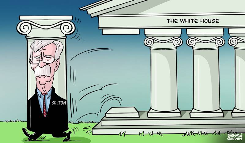 The National's cartoonist Shadi Ghanim's take on Mr Bolton's exit as Mr Trump's national security adviser. The National