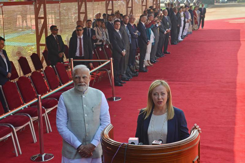 Italian Prime Minister Giorgia Meloni addresses the media with her Indian counterpart Narendra Modi during a reception in New Delhi. AFP