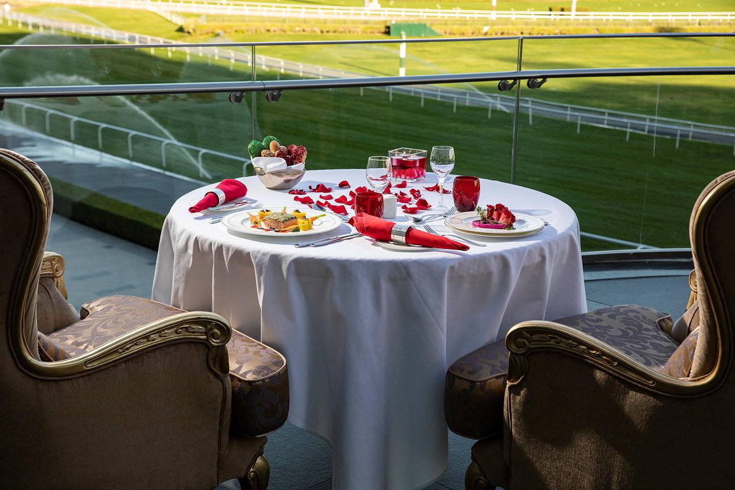 Have dinner for two overlooking the Meydan Racecourse. Courtesy The Meydan Hotel 