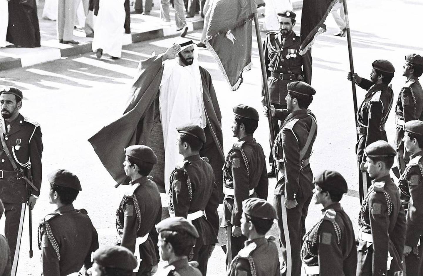 Sheikh Zayed, the founding President, reviews the new UAE Armed Forces on parade in 1976, the year he oversaw their unification.  Photo: Alittihad 
