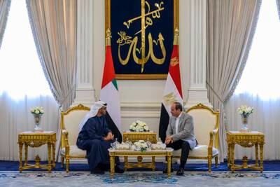 President Sheikh Mohamed meets his Egyptian counterpart Abdel Fattah El Sisi in Al Alamein city, Egypt, on an official visit. All photos: UAE Presidential Court 
