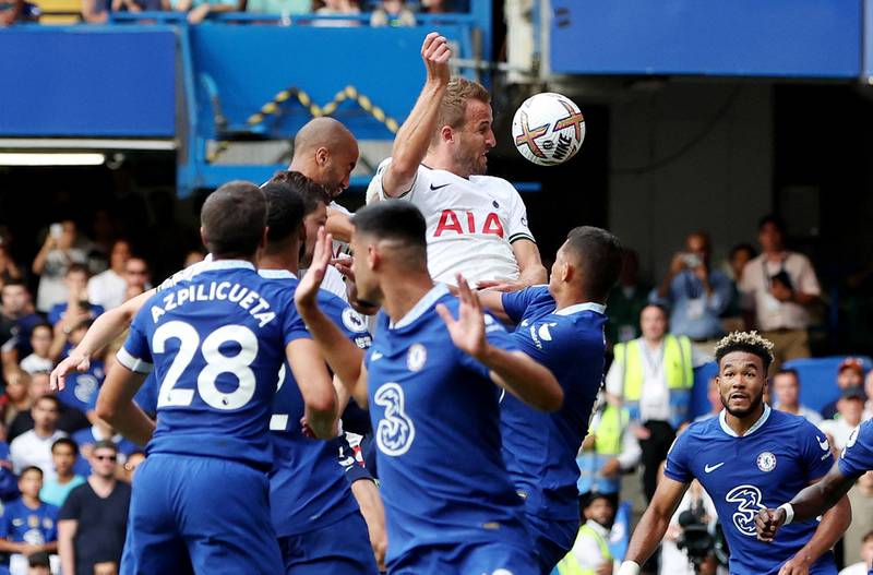 Tottenham's Harry Kane leaps to head home and make it 2-2. Action Images