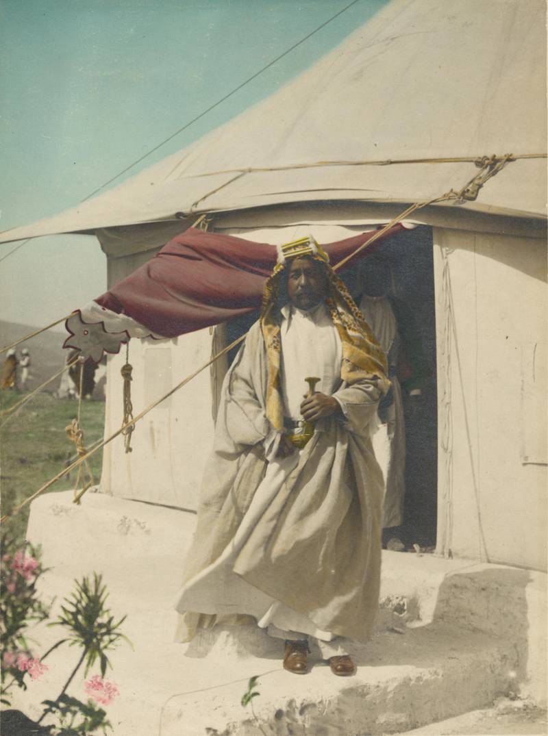 Amir Abdullah in front of his tent, April 1921. Meetings of British, Arab, and Bedouin officials in Amman, Jordan, April. Courtesy Library of Congress, Prints & Photographs Division