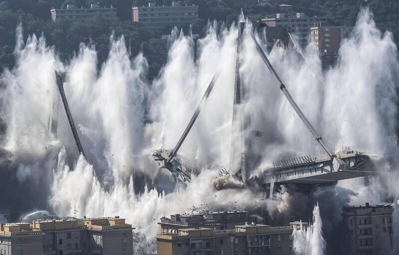 Pylons 10 and 11 of the Morandi viaduct are demolished on June 28, 2019, in Genoa, north-west Italy. It had collapsed the previous year, causing 43 deaths. Getty