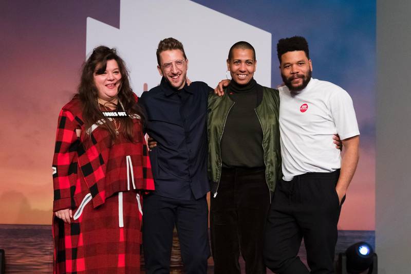 epa08042506 British artists (L-R) Tai Shani, Lawrence Abu Hamdan, Helen Cammock, and Oscar Murillo pose for a photograph after being announced as the joint winners of Turner Prize 2019 at Dreamland in Margate, Kent, Britain, 03 December 2019. The Turner Prize, which is presented since 1984 to a British-born or based artist aged under 50, is in its 35th year and is considered the highest award for arts in Britain.  EPA/VICKIE FLORES