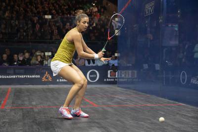 Hania El Hammamy, from Egypt, plays in the CIB Women’s World Championships 2019/2020 in Cairo.
(Photo credit should read "Pedro Costa Gomes/CIB Egypt - Squash Tournament/AFP-Services")
