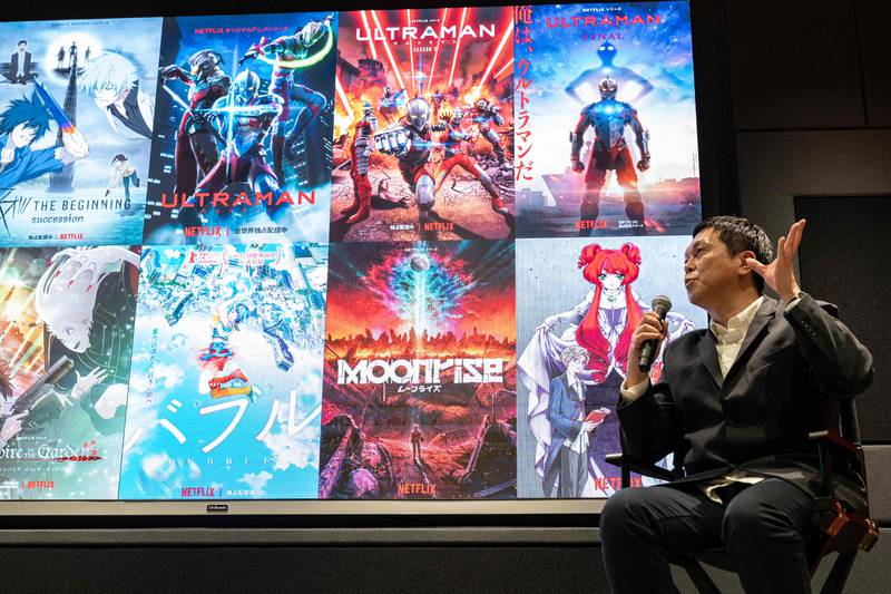 Haruyasu Makino, producer of the Netflix animated series Ultraman S3, speaks in Tokyo in March. AFP