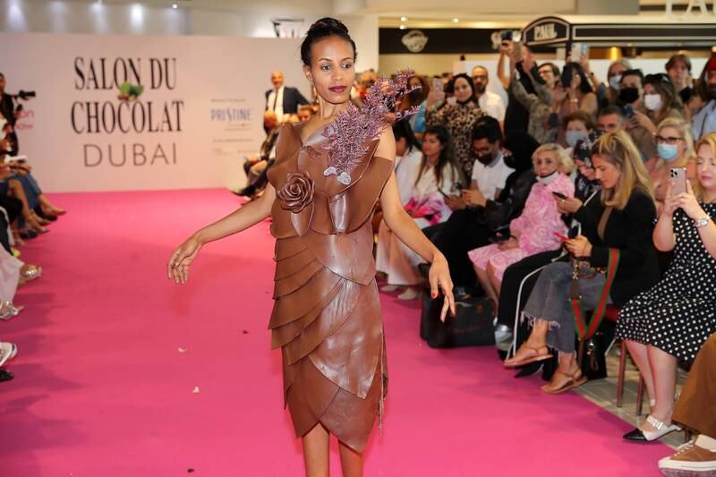 A model in a dress made out of chocolate during a fashion show held at the world's largest chocolate show at Le Gourmet, Galeries Lafayette at The Dubai Mall. All photos: Pawan Singh / The National