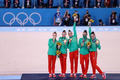 Team Bulgaria poses after winning the gold medal.