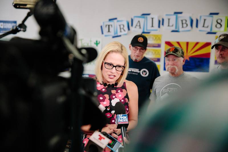 Krysten Sinema, Democratic U.S. Senate candidate from Arizona, speaks to members of the media during a campaign event in Phoenix, Arizona, U.S., on Thursday, Nov. 1, 2018. In Arizona, which backed Trump in 2016, Republican Martha McSally is going against Sinema for the Senate seat being vacated by Republican Jeff Flake. Photographer: Caitlin O'Hara/Bloomberg