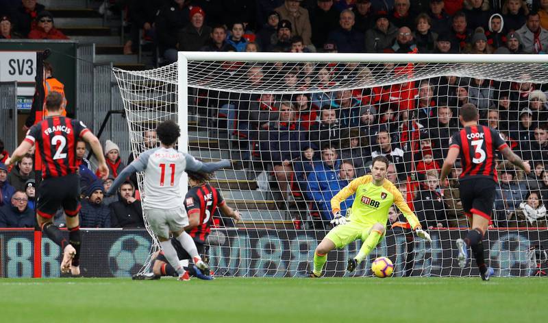 Salah scores Liverpool's second goal. Reuters