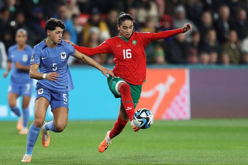 Anissa Lahmari of Morocco competes for the ball against Elisa De Almeida of France at Hindmarsh Stadium in Adelaide on August 8. The Moroccan squad carried the hopes of the Arab world with it at the tournament in Australia and New Zealand. EPA