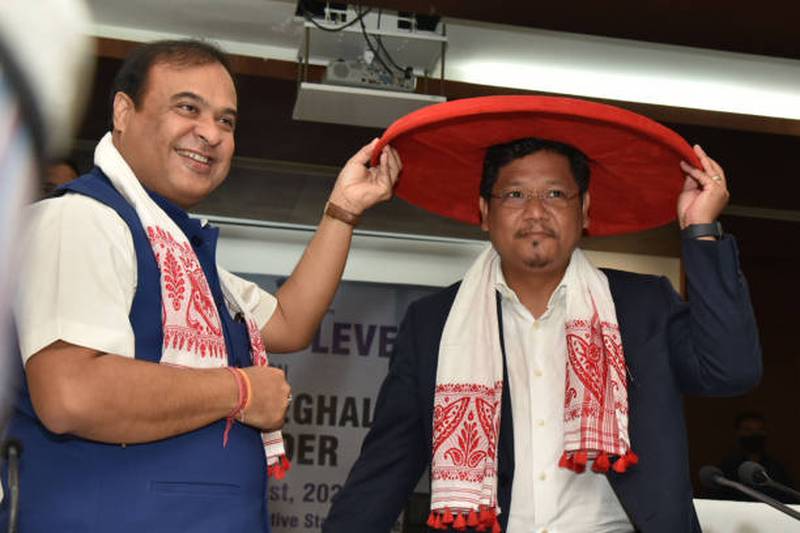 Meghalaya Chief Minister Conrad Sangma being felicitated by Assam Chief Minister Himanta Biswa Sarma in Guwahati, India, in 2021. Sangma runs a government with support from Narendra Modi's BJP. Getty Images