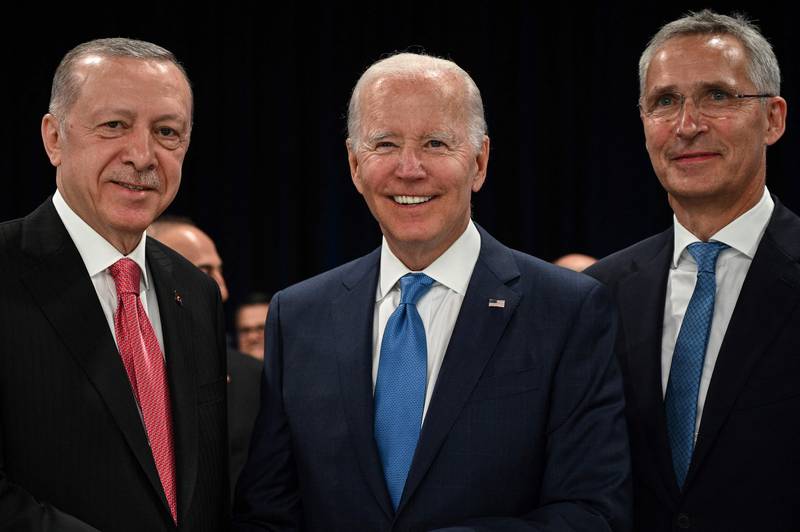 From left: Turkey's President Recep Tayyip Erdogan, US President Joe Biden, and Nato Secretary General Jens Stoltenberg at the Nato summit in Madrid, Spain. AFP