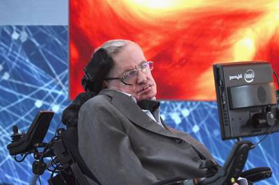 NEW YORK, NEW YORK - APRIL 12:  Cosmologist Stephen Hawking attends the New Space Exploration Initiative "Breakthrough Starshot" Announcement at One World Observatory on April 12, 2016 in New York City.  (Photo by Gary Gershoff/WireImage/Getty Images) *** Local Caption ***  al27se-books-hawking01.jpg