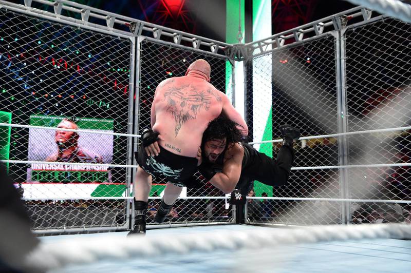 Roman Reigns spears Brock Lesnar during their Universal title match at the WWE Greatest Royal Rumble in Jeddah, Saudi Arabia. Courtesy WWE