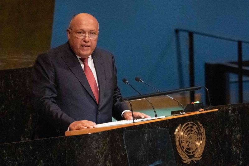 Egypt’s Minister for Foreign Affairs, Sameh Shoukry, addresses the UN General Assembly on Saturday. AFP