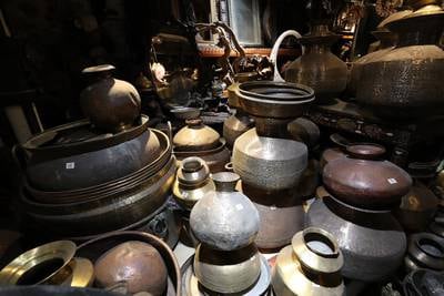 Metal pots from India, Iran and Afghanistan. They are more than 150 years old and cost from Dh50 to Dh20,000 at the museum. Pawan Singh / The National