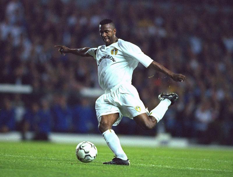 26 Sep 2000:  Lucas Radebe of Leeds United in action during the UEFA Champions League Group H match against Besiktas played at Elland Road, in Leeds, England. Leeds United won the match 6-0. \ Mandatory Credit: Phil Cole /Allsport/Getty Images
