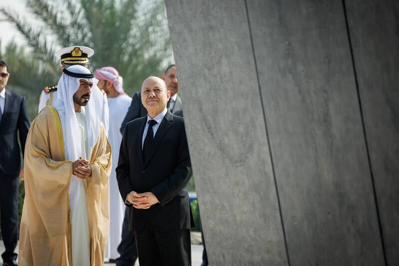 Sheikh Khalifa bin Tahnoun and Dr Al Alimi attended the Guard of Honour ceremony and laid a wreath at the Martyrs' Monument