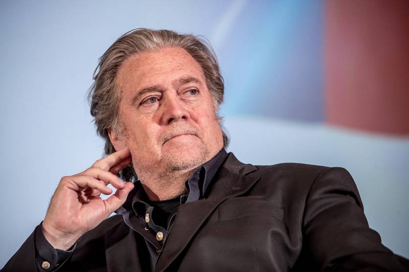 epa06755922 Former Trump political strategist Steve Bannon attends a discussion meeting with Lanny Davis, former stragegist of Hillary Clinton (unseen) in Prague, Czech Republic, 22 May 2018. Reports state that both spoke about US developments.  EPA/MARTIN DIVISEK