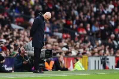 Erik ten Hag, manager of Manchester United, reacts during the Premier League match between United and Manchester City. Getty