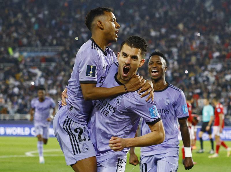 Real Madrid's Rodrygo celebrates scoring their third goal with Dani Ceballos in the 4-1 Club World Cup semi-final win against Al Ahly at Prince Moulay Abdellah Stadium, Rabat, Morocco on February 8, 2023, Reuters