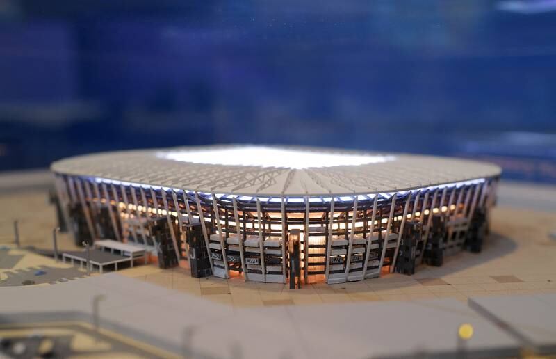 Soccer Football - 72nd FIFA Congress - Doha Exhibition & Convention Center, Doha, Qatar - March 31, 2022  A miniature model of Stadium 974 for the upcoming FIFA 2022 World Cup in soccer later this year is seen.   REUTERS / Kai Pfaffenbach