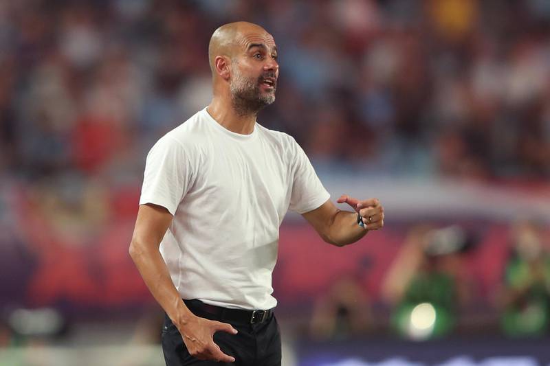 NANJING, CHINA - JULY 17:  Pep Guardiola, manager of Manchester City reacts during the Premier League Asia Trophy 2019 match between West Ham United and Manchester City on July 17, 2019 in Nanjing, China.  (Photo by Lintao Zhang/Getty Images for Premier League)
