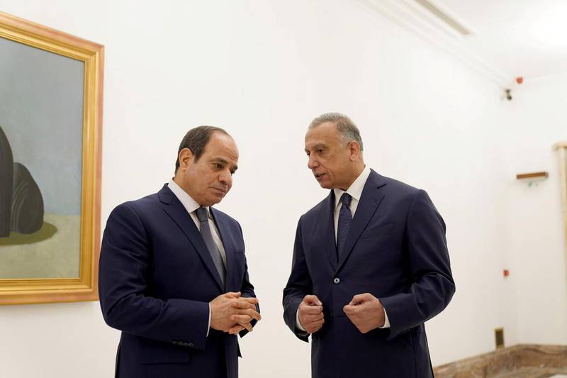 Iraqi Prime Minister Mustafa Al-Kadhimi receives Egyptian President Abdel Fattah El-Sisi in Baghdad. Iraqi Prime Minister Media Office/Handout via REUTERS